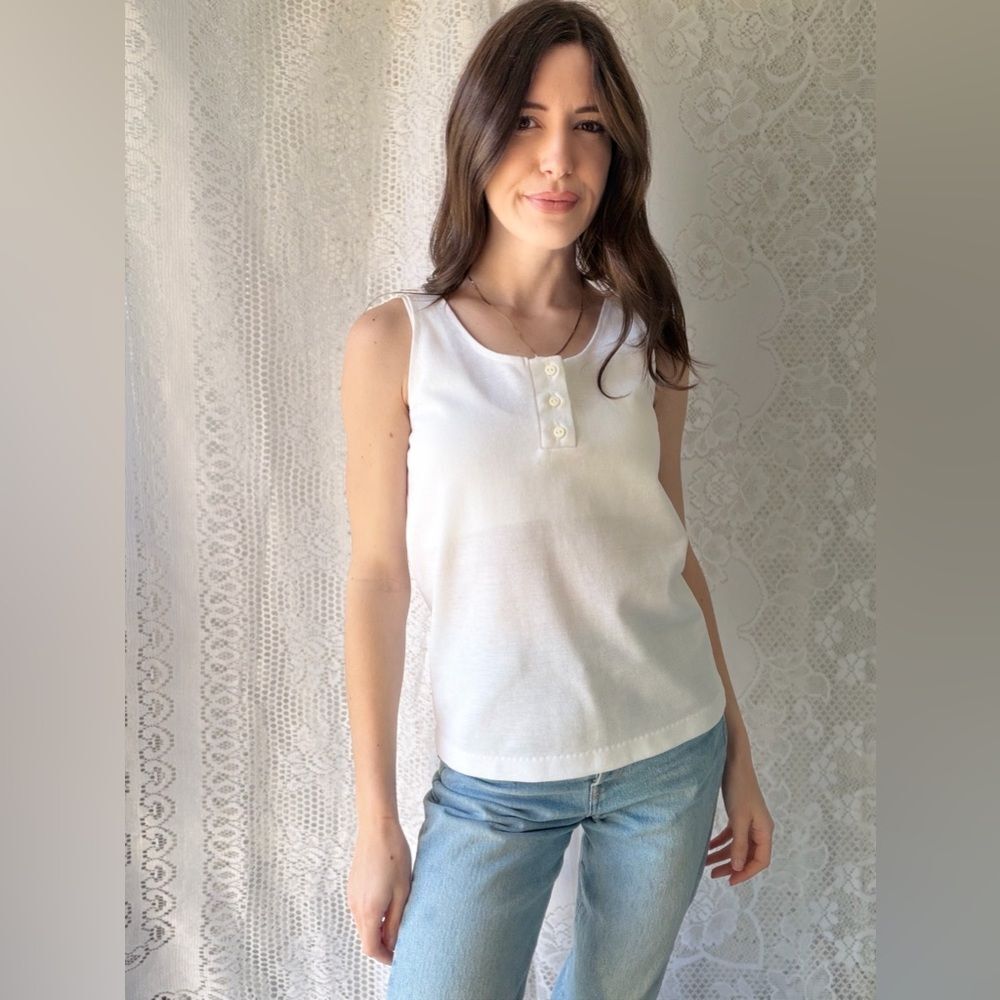 Vintage White Henley Tank Top 80s Made In USA - Picture 3 of 16